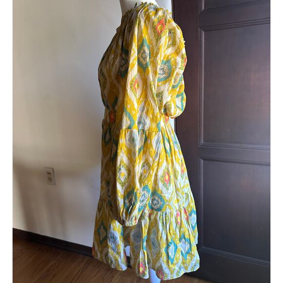 CHARINA SARTE | Yellow Ikat Printed Cotton Mini Dress Puff Sleeve | Size Medium - Picture 6 of 9